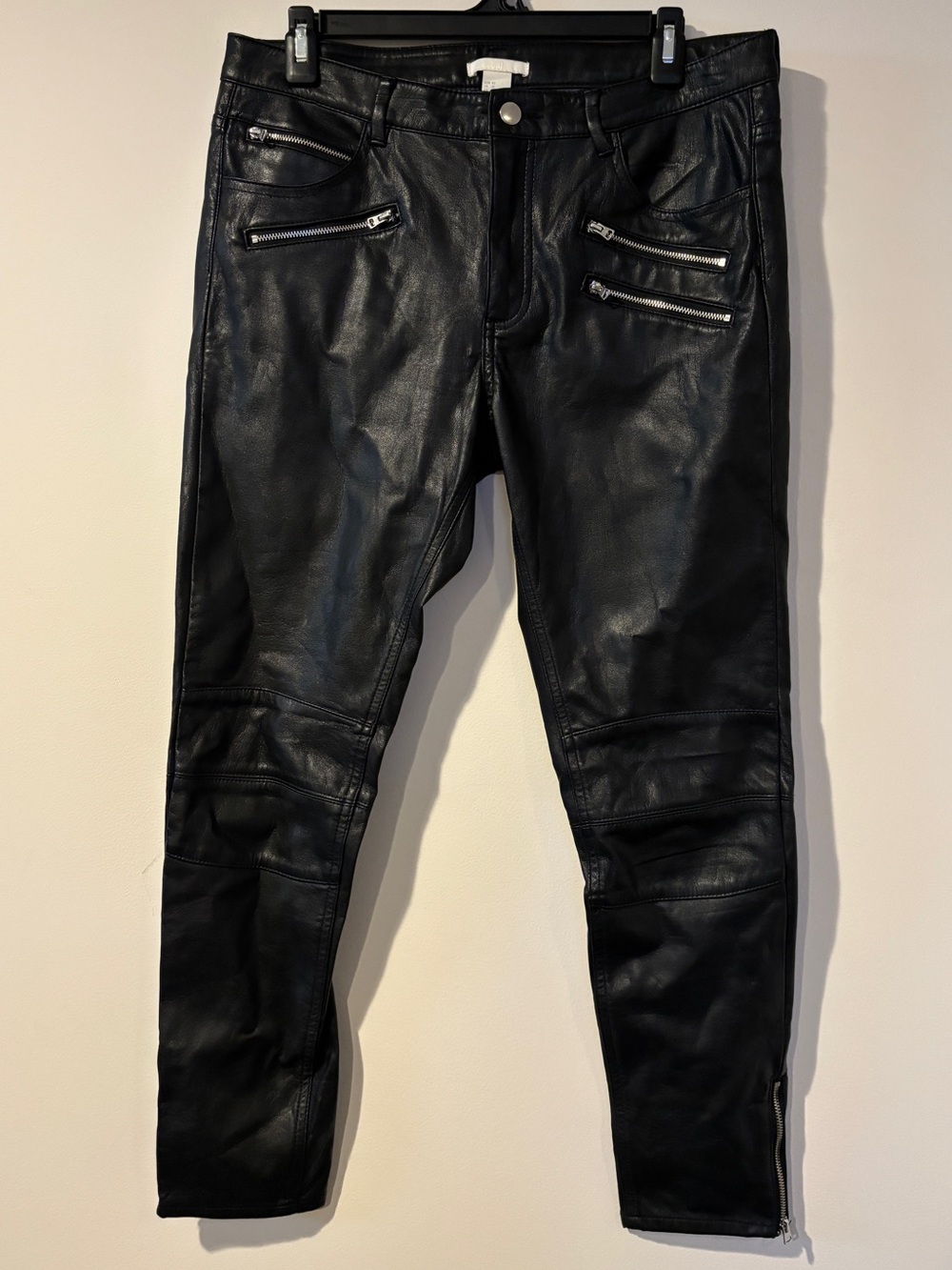Women’s Black Faux Leather Moto Biker Pants Zippers Lined size 12